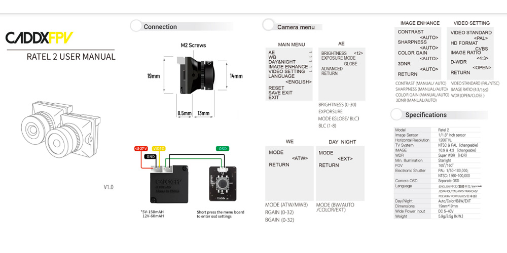 Камера для FPV дрона Caddx Ratel 2 1200TVL 5 Мп Черный (d0df01af) - фото 3 Камера для FPV дрона Caddx Ratel 2 1200TVL 5 Мп Черный (d0df01af) - фото 3