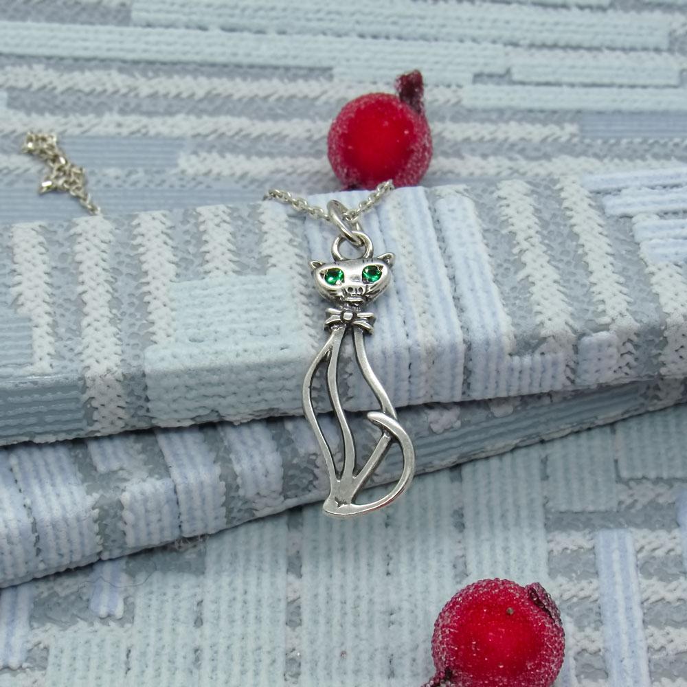 Срібний підвіс з зеленими фіанітами Кішка (1129958260) - фото 4 Срібний підвіс з зеленими фіанітами Кішка (1129958260) - фото 4