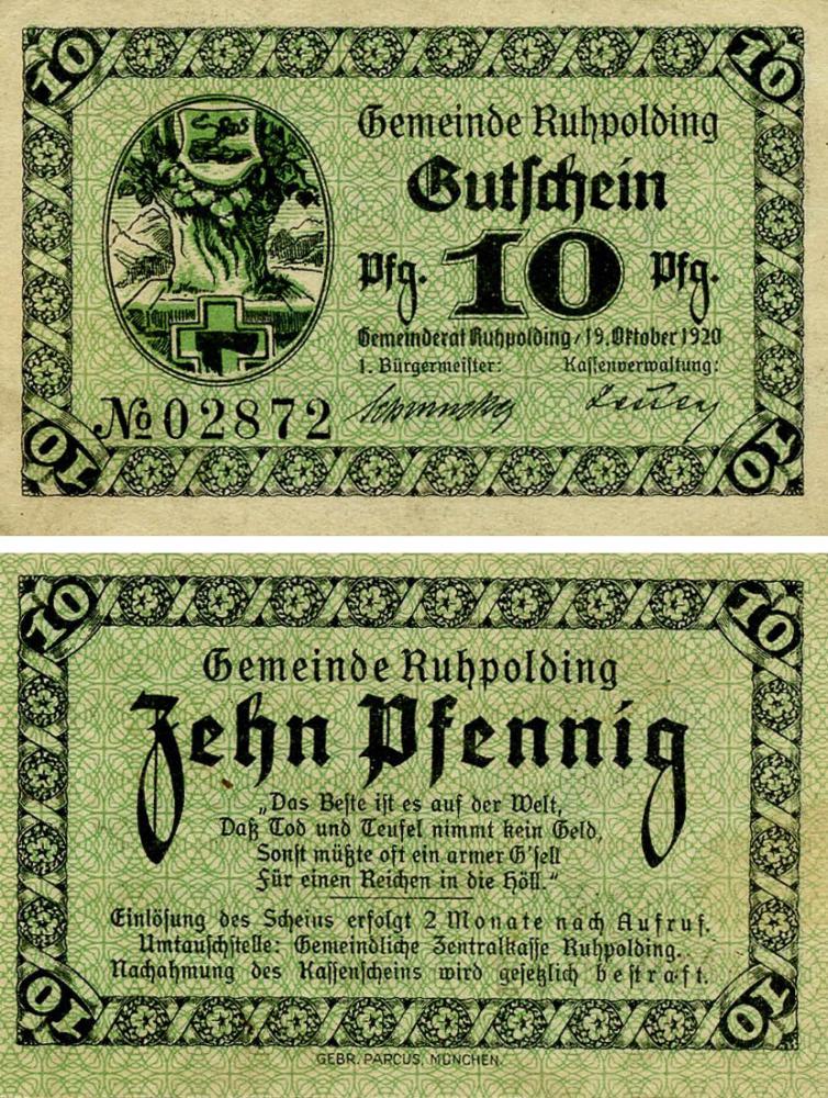 Коллекционная банкнота Германия Нотгельд 10 пфеннигов 1920 F-VF Рупольдинг (Б18481)