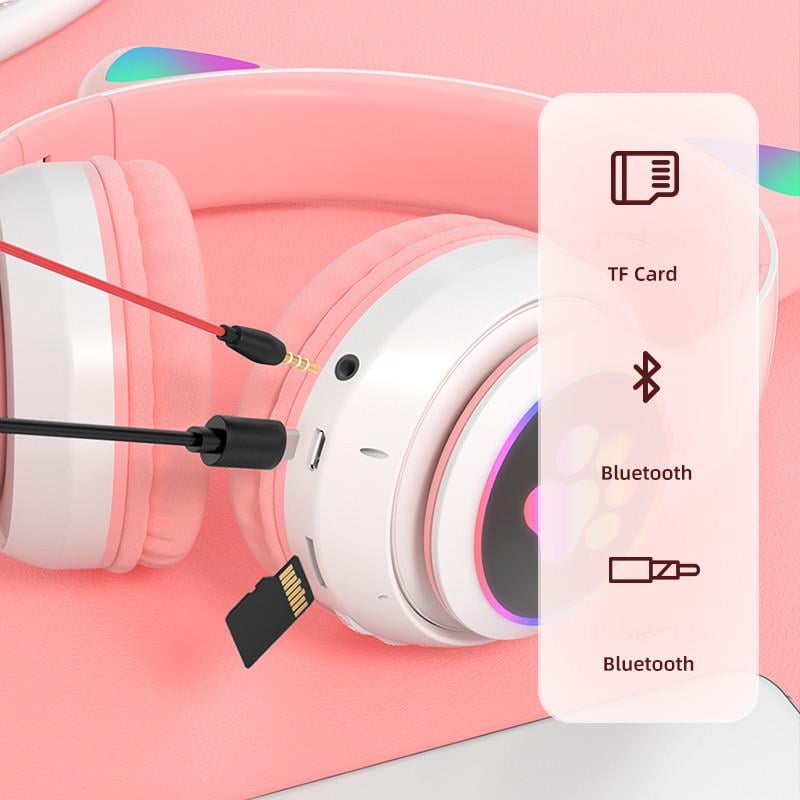 Наушники Кошачьи ушки беспроводные с подсветкой RGB и MP3 Cute Headset Розовый - фото 3