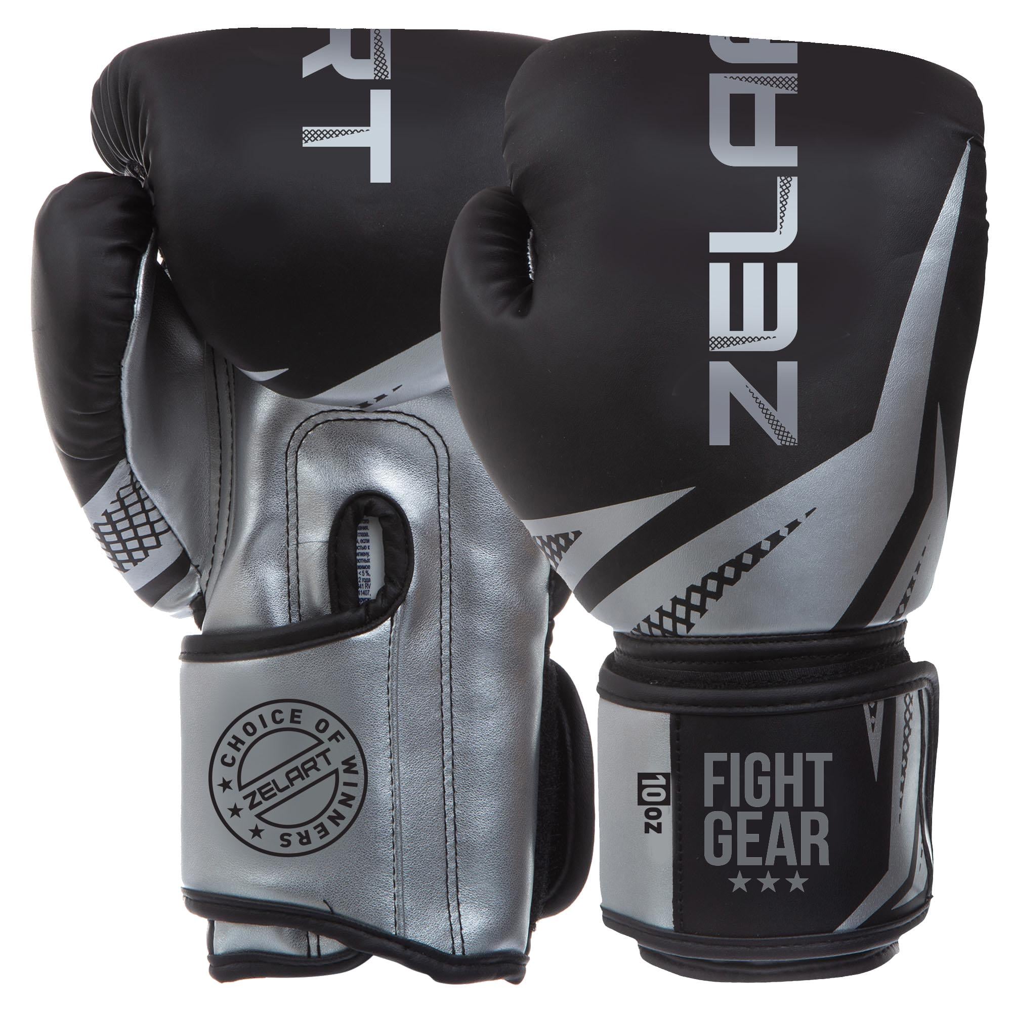 Перчатки боксерские Zelart BO-0866 на липучке 12oz Черный-серебряный (33555716)