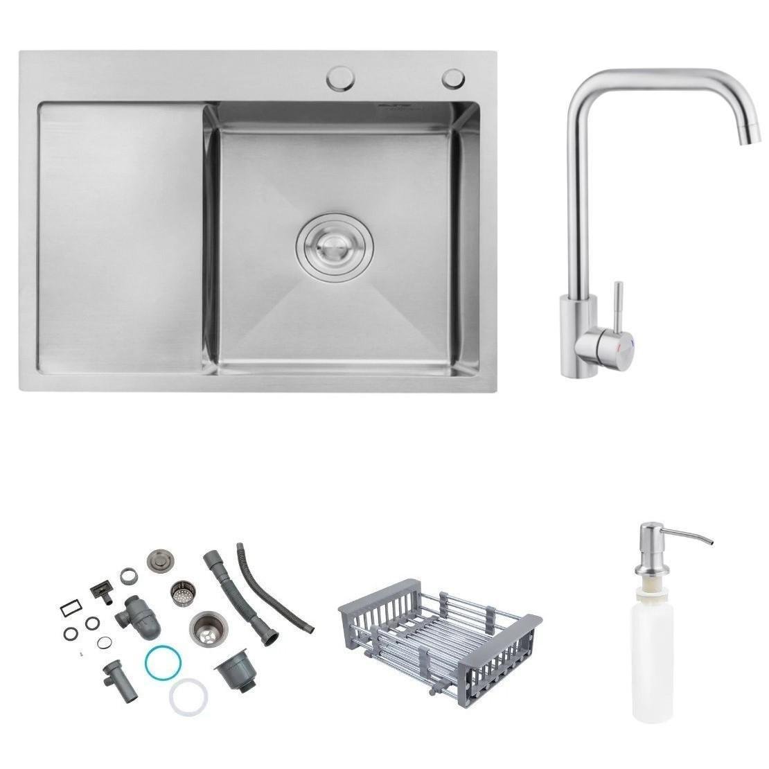 Мойка кухонная Kroner-6350RHM 3,0/1,0 мм правая и смеситель для кухни Kroner-ESG037 Серый