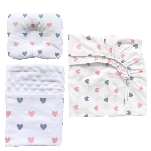 Набор в детскую кроватку RoyalBaby №27 Сердечки с пледом 3в1 Розово-серый (142999)