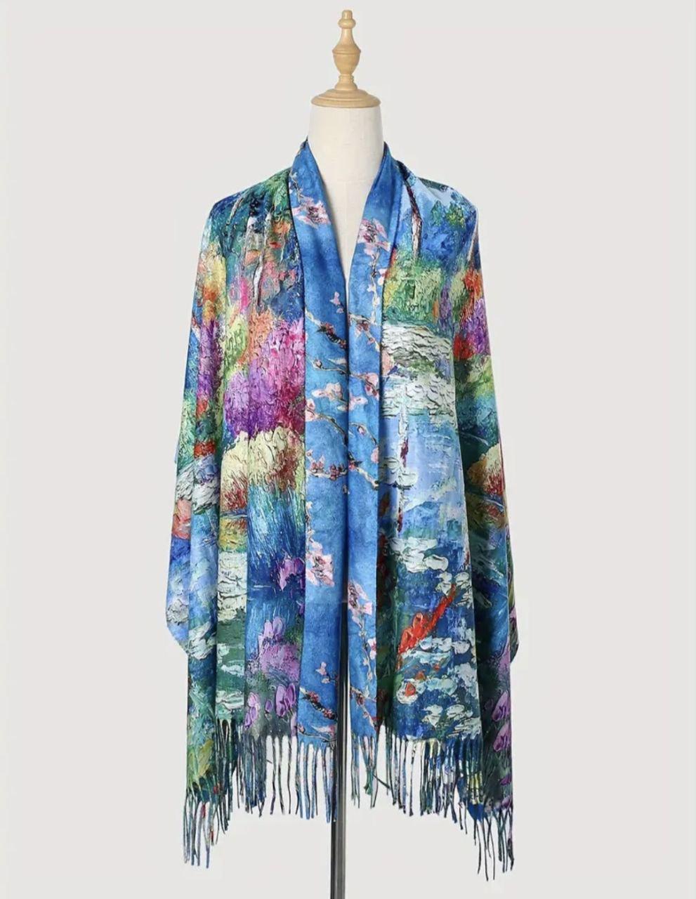 Палантин жіночий двосторонній з художнім принтом блакитний (000013) - фото 4 Палантин жіночий двосторонній з художнім принтом блакитний (000013) - фото 4