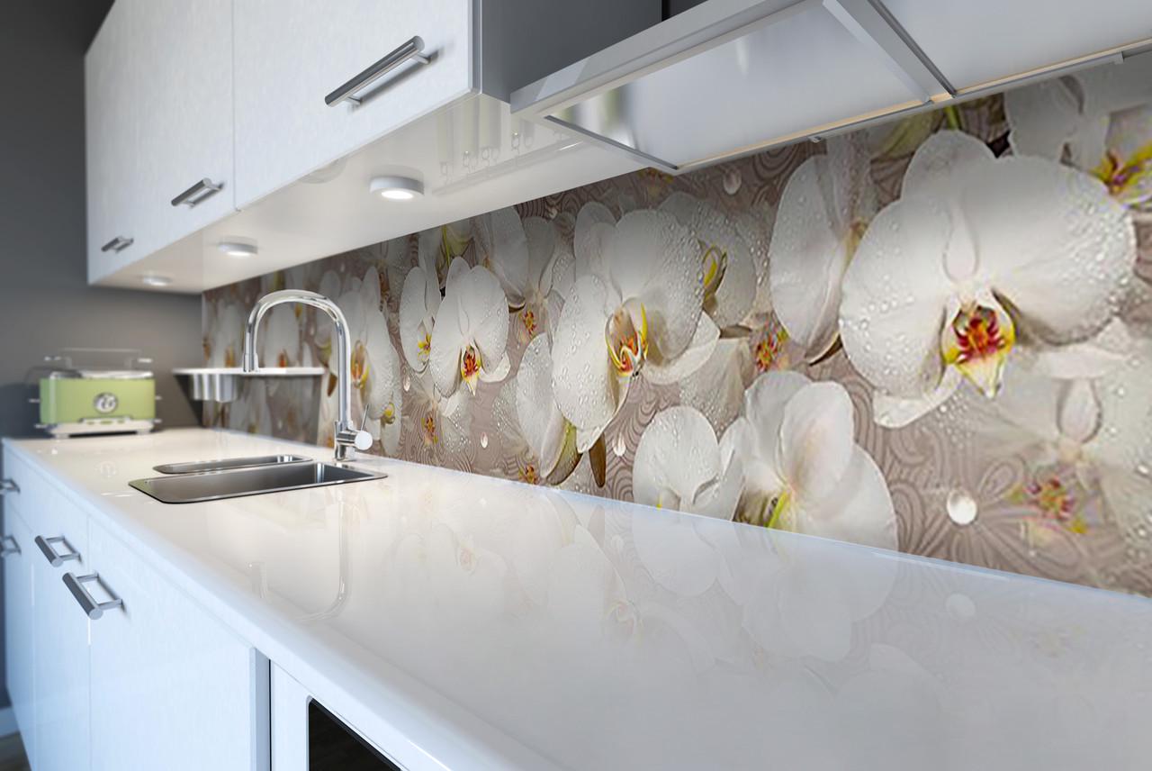Кухонный фартук Орхидеи и капли росы из самоклеющейся виниловой пленки 65х250 см Бежевый Кухонный фартук Орхидеи и капли росы из самоклеющейся виниловой пленки 65х250 см Бежевый