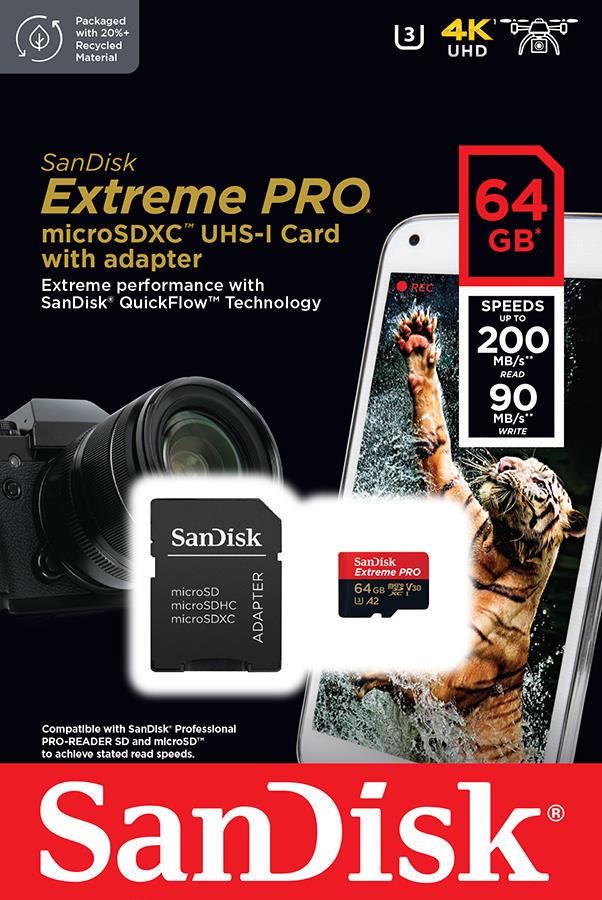 Карта памяти SanDisk Extreme Pro microSD 64 GB C10 UHS-I U3 R200/W90 MB/s V30+SD (ERC-SDSQXCU-064G-GN6MA) - фото 2 Карта памяти SanDisk Extreme Pro microSD 64 GB C10 UHS-I U3 R200/W90 MB/s V30+SD (ERC-SDSQXCU-064G-GN6MA) - фото 2