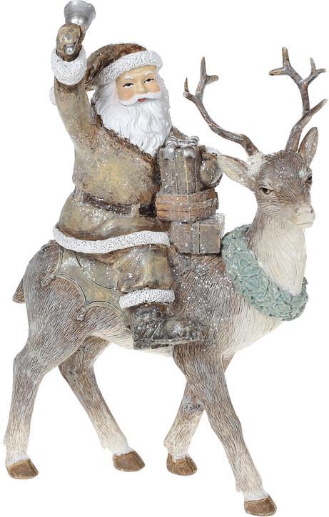 Статуетка декоративна Санта на Олені 22,5 см Бежевий з глітером
