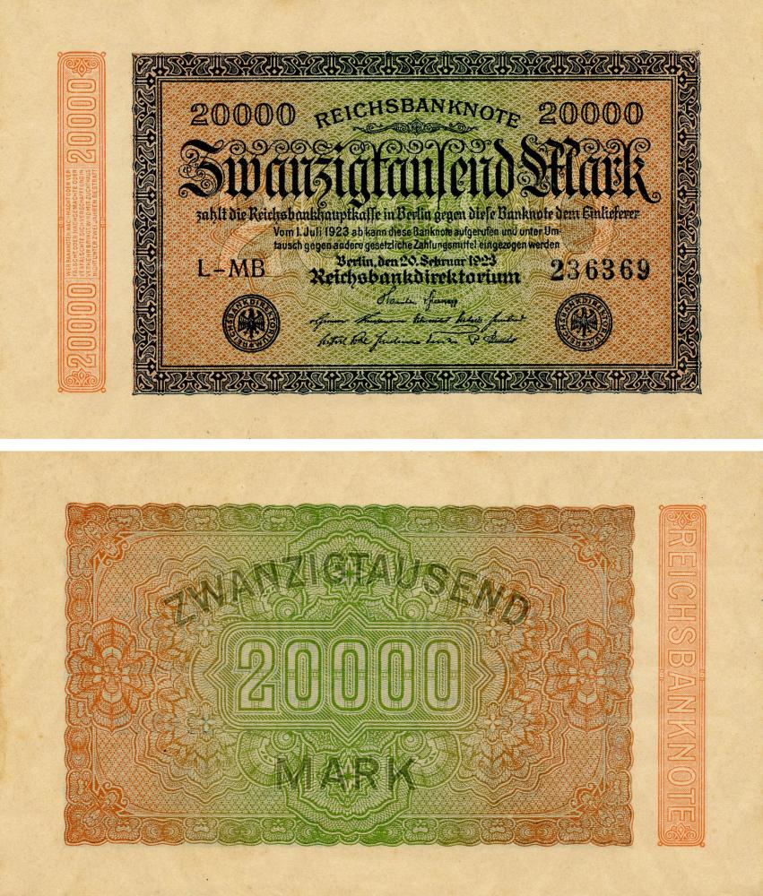 Коллекционная банкнота Германия 20000 марок 1923 AU-UNC L-MB P85 (Б17961)