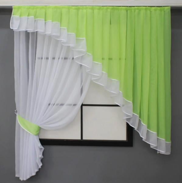 Комплект штор на кухню тюль/ламбрекен шифон 150х170 см Светло-салатовый/Белый (062к)