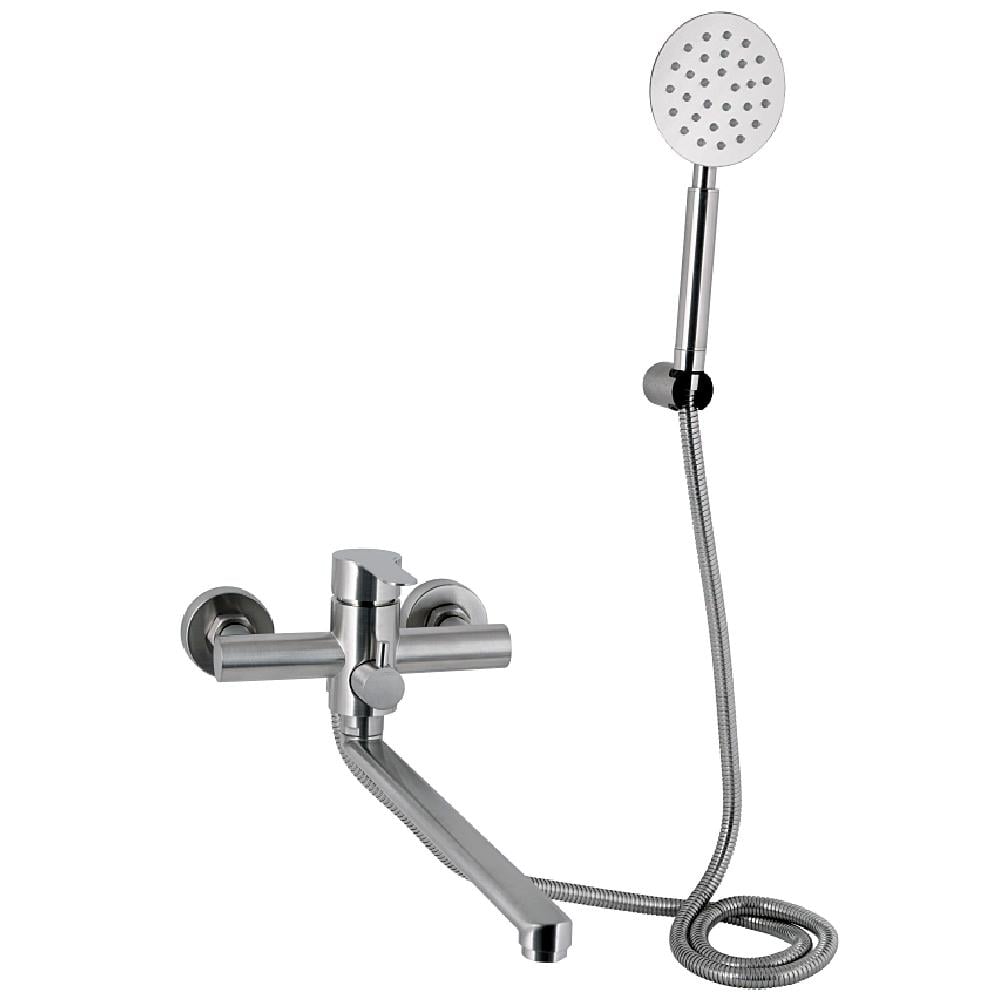 Смеситель для ванны Brinex Pure 005 из нержавеющей стали с длинным поворотным изливом с душевым гарнитуром Nickel