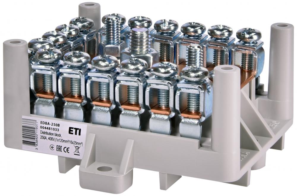 Блок распределительный ETI EDBA-250B 250А 1х120 мм2/16х25 мм2 400 В на DIN-рейку (4481033)