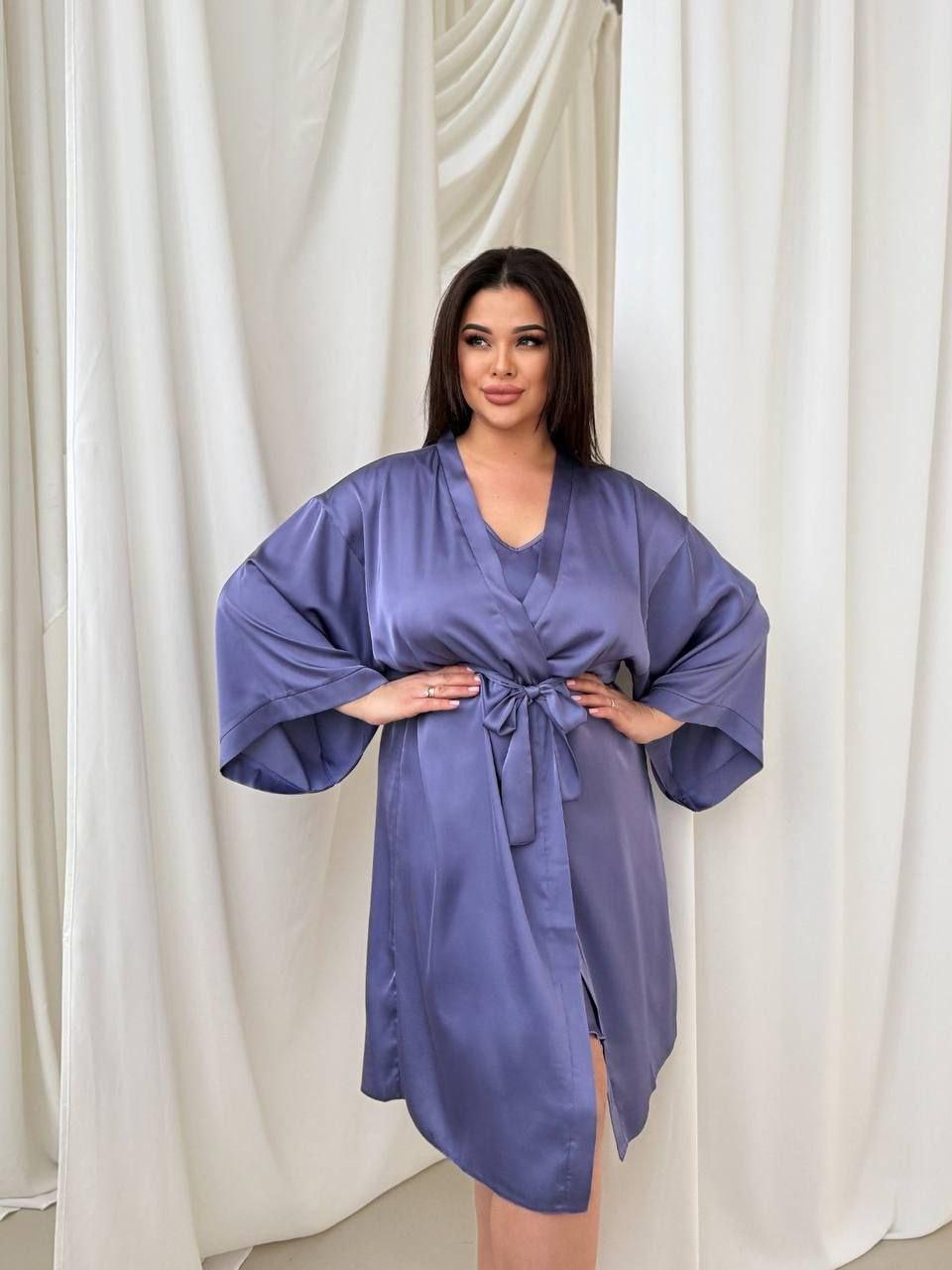 Халат-кимоно женский Julia с поясом шелк-сатин 4XL Джинс (101_79)