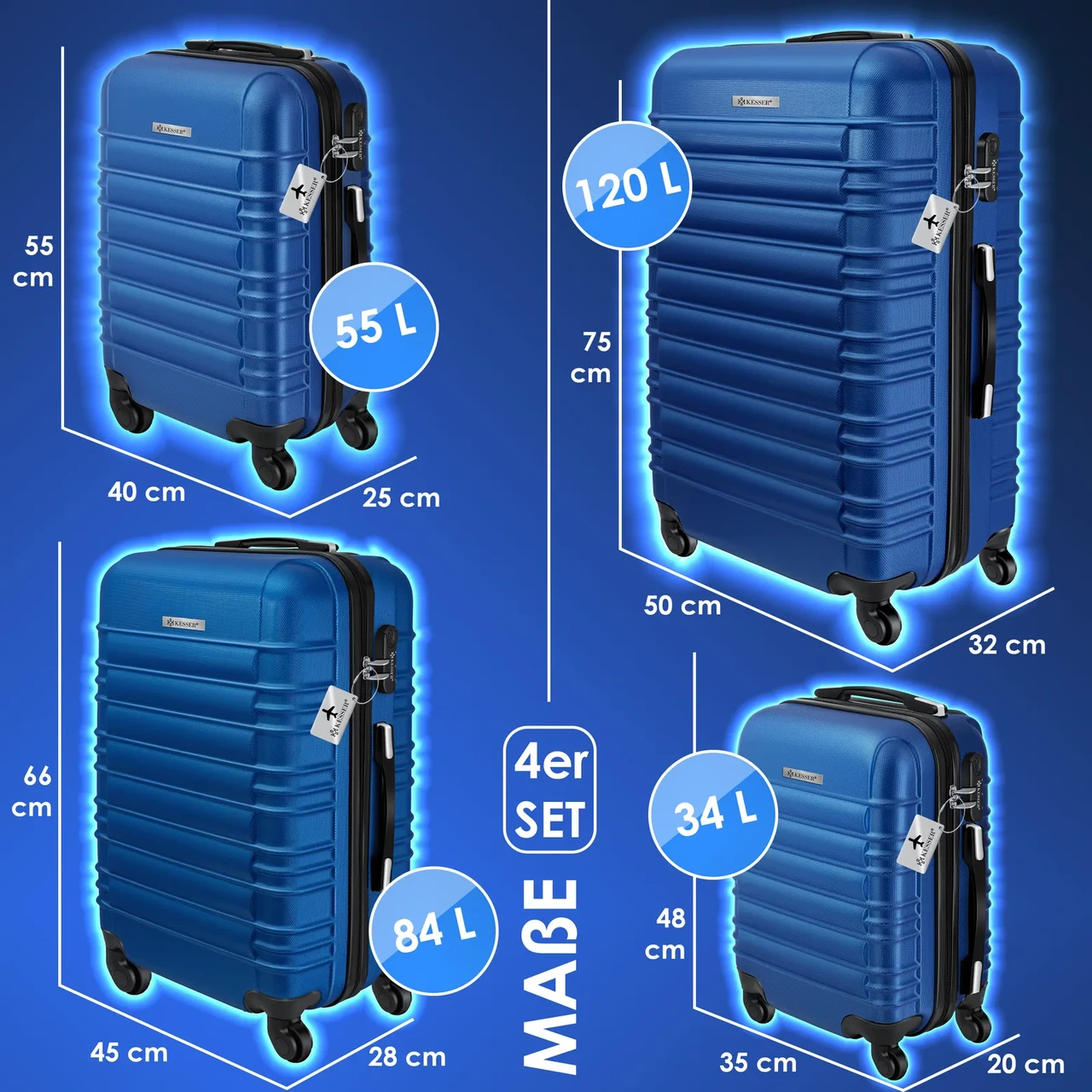 Набір із 4 дорожніх валіз KESSER із твердим корпусом S M/L/XL Синій - фото 2 Набір із 4 дорожніх валіз KESSER із твердим корпусом S M/L/XL Синій - фото 2