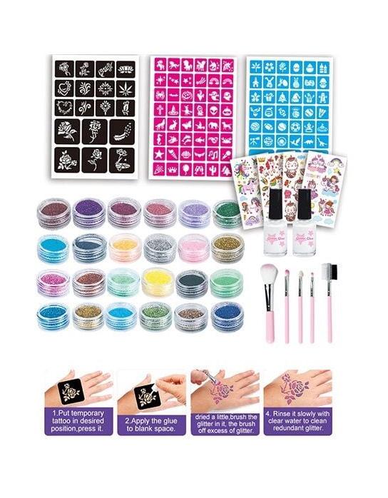 Детский набор для тату 784-5 24 цвета глиттера 2 бутылочки клея трафареты переводные тату - фото 3 Детский набор для тату 784-5 24 цвета глиттера 2 бутылочки клея трафареты переводные тату - фото 3