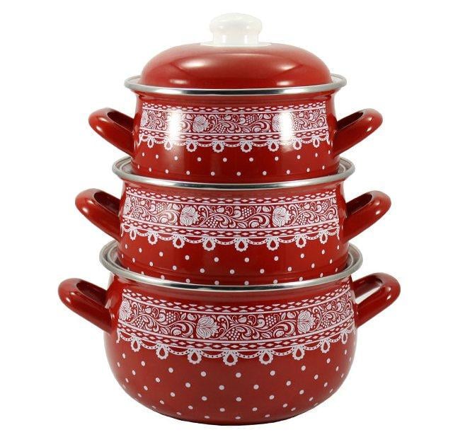 Каструлі емальовані Interos Ситець 3 шт. Червоний Каструлі емальовані Interos Ситець 3 шт. Червоний
