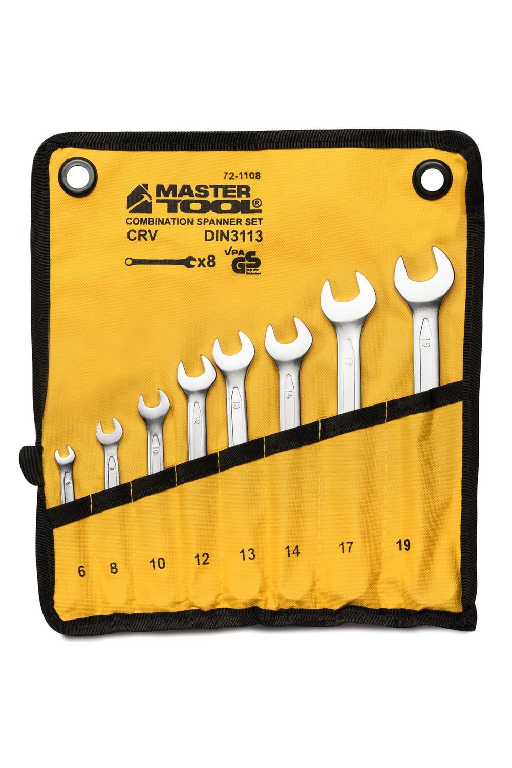 Ключи комбинированные MasterTool COLD FORGED 8 шт. 6/8/10/12/13/14/17/19 мм 31CrV3/DIN 3113 в чехле 72-1108