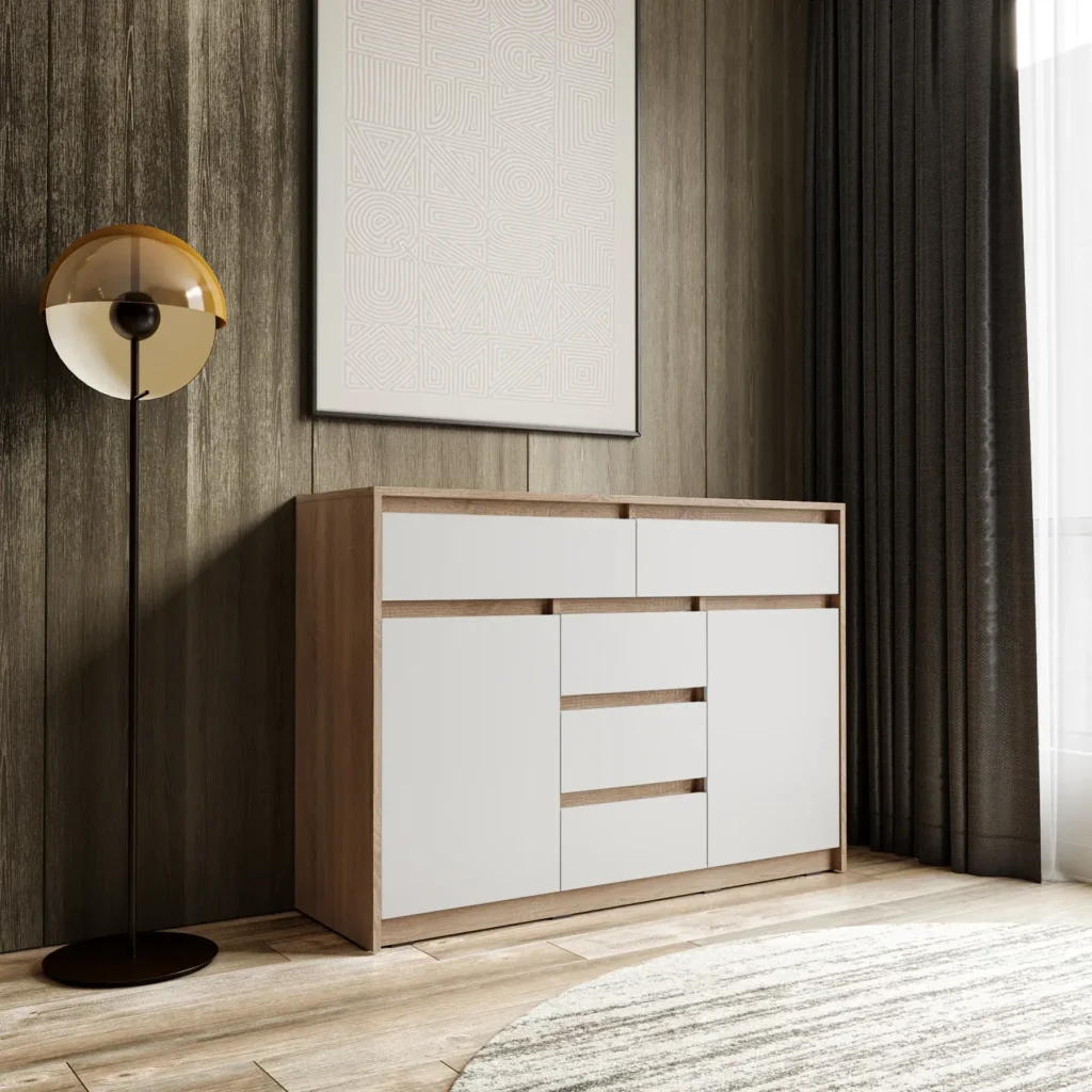 Комод КМД-227 з 5 висувними шухлядами та дверцятами 1270x910x400 мм Дуб сонома/Білий