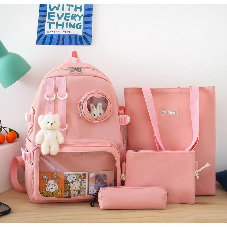Школьный рюкзак для девочки Медвежонок с значком-зайчик 4в1 5-11 класс Розовый (27667913)