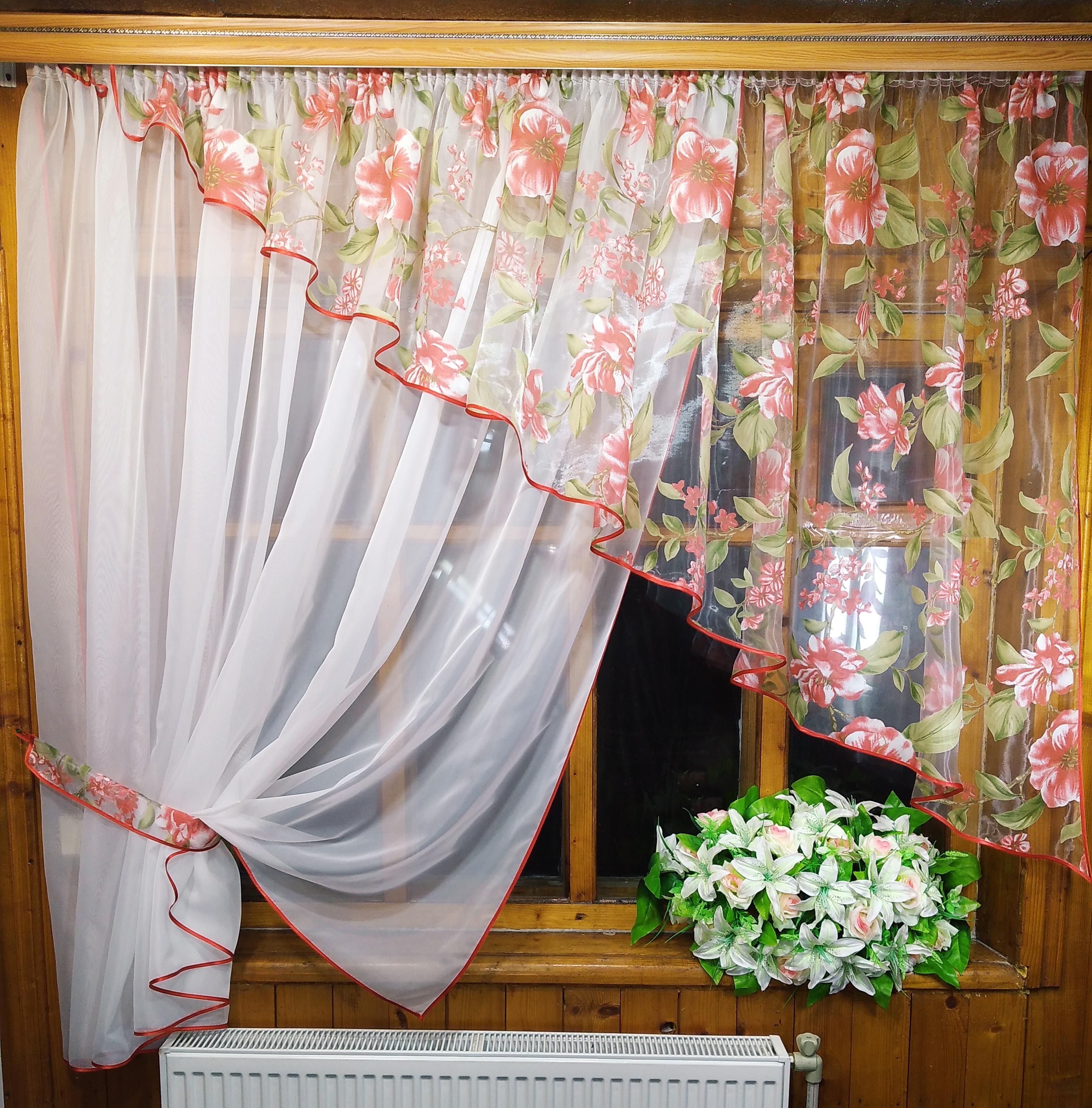 Занавеска кухонная готовая левая короткая Анжелика Белй/Яблочный/Коралловый