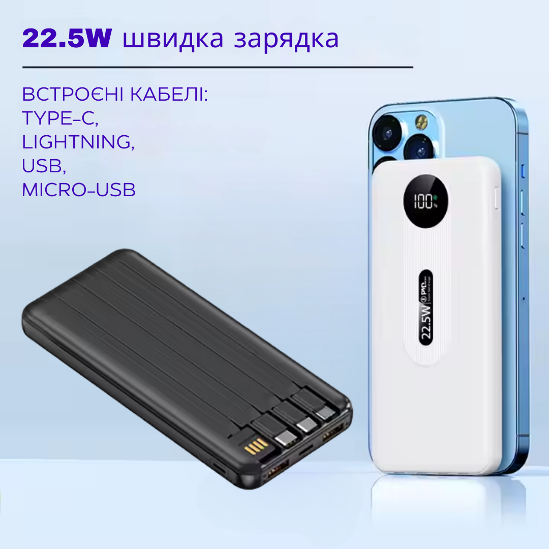 Павербанк зі швидкою зарядкою з вбудованими кабелями Type-C/Lightning/MicroUSB/USB 10000 mAh Black (Powerbank_9_Black) - фото 3 Павербанк зі швидкою зарядкою з вбудованими кабелями Type-C/Lightning/MicroUSB/USB 10000 mAh Black (Powerbank_9_Black) - фото 3