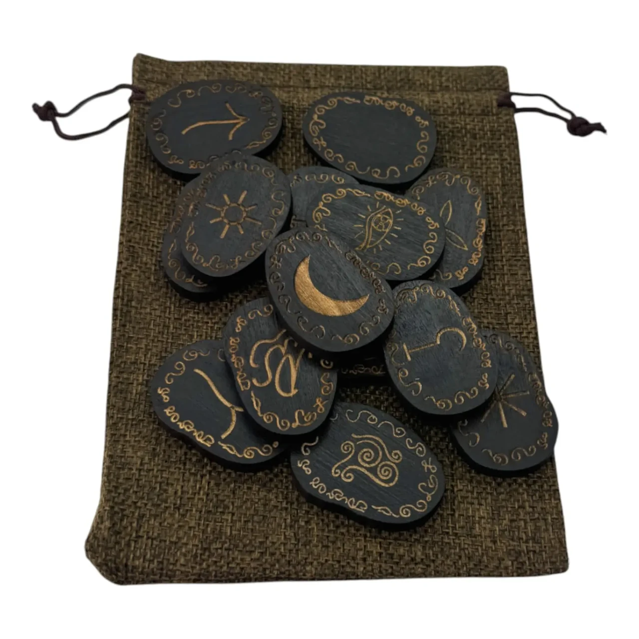 Набір рун з мішечком з масиву дерева темні 14 шт. (36210)