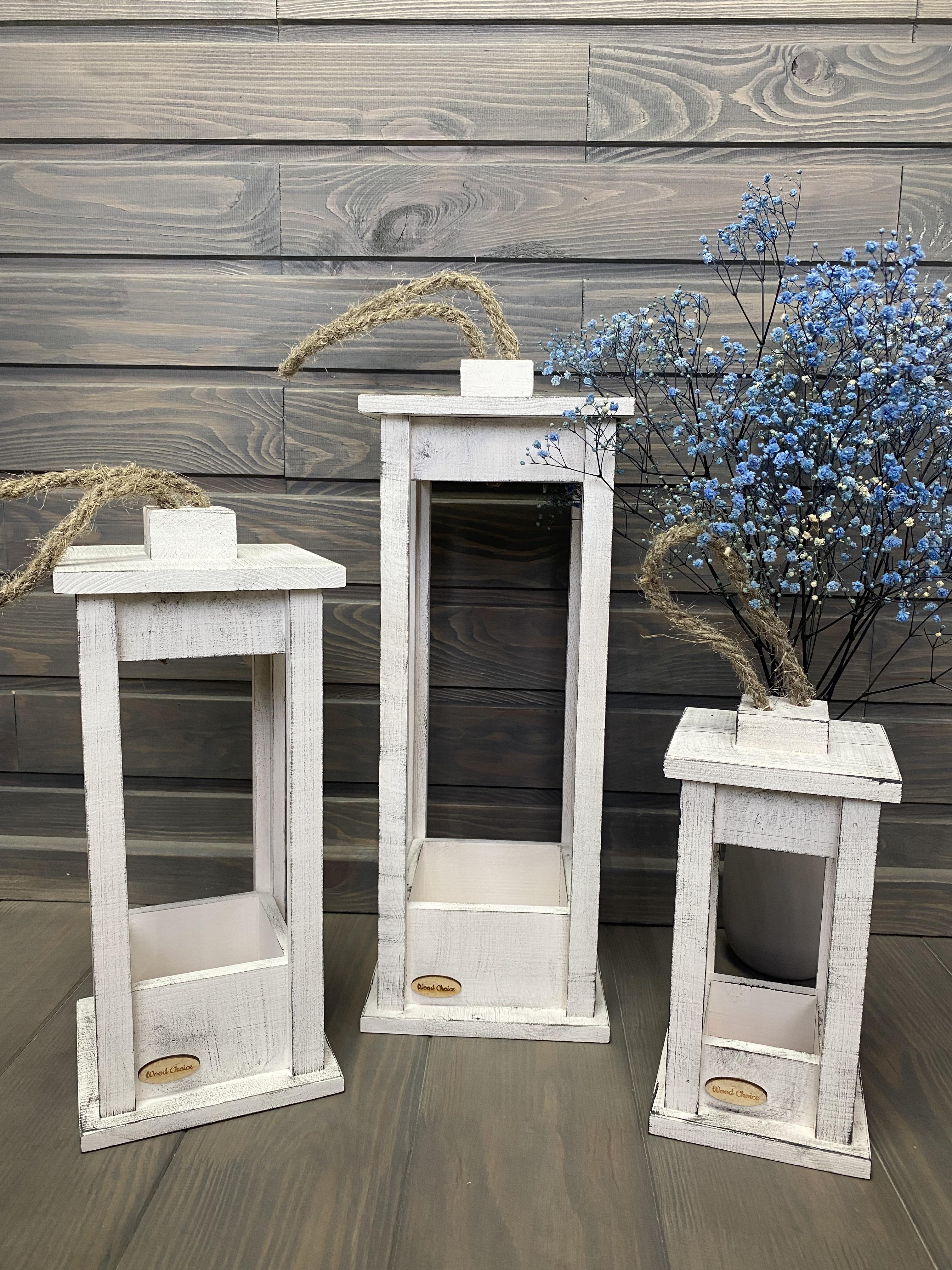 Набор подсвечников деревянные Фонари 25/35/45 см Бело-серый - фото 1