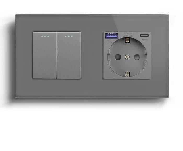 Выключатель двойной LUXION с розеткой USB A+C 20Вт с заземлением стекло Серый