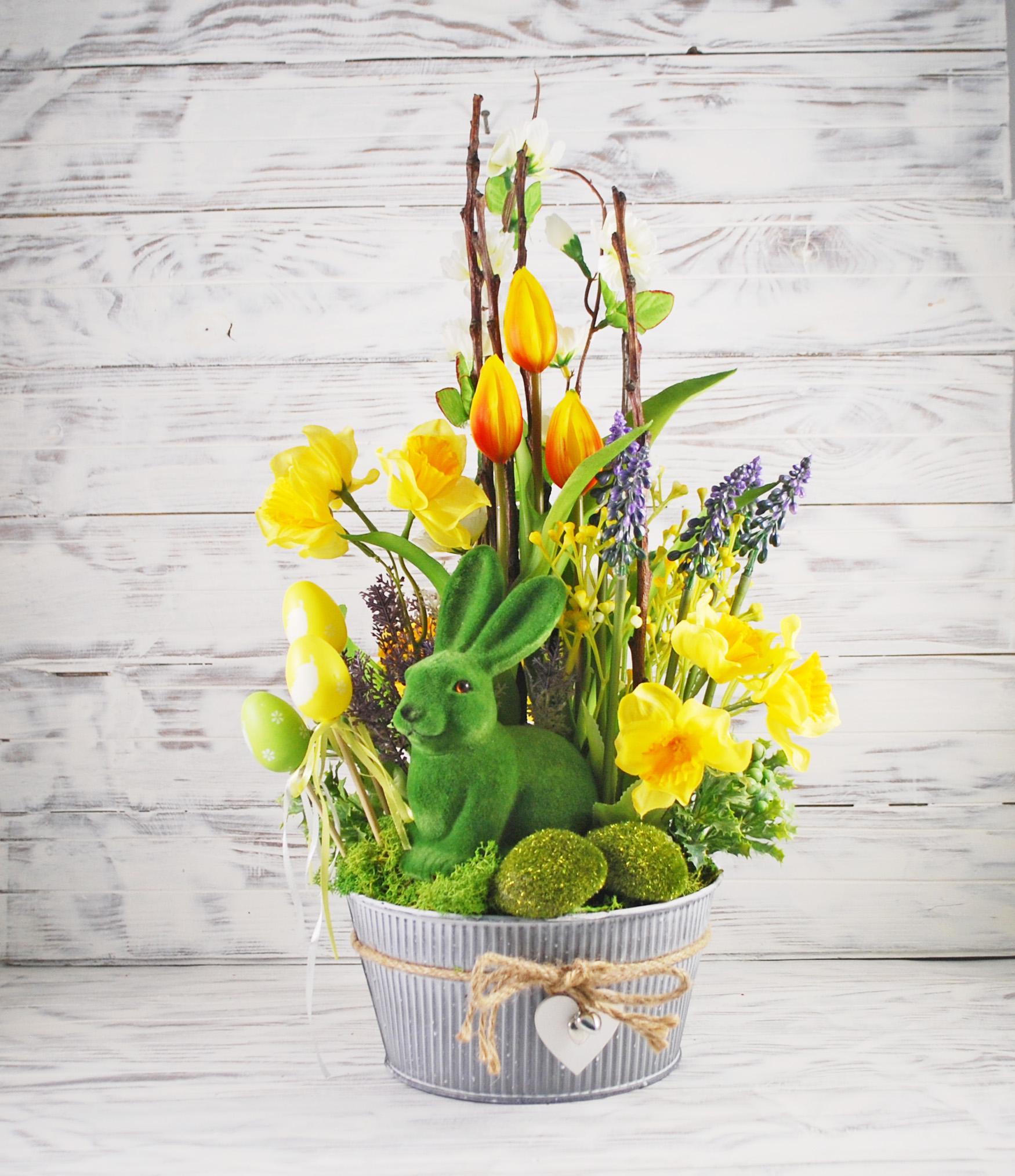 Весняна Великодня композиція в металевому кашпо 46 см Жовтий/Зелений/Білий (6550761)
