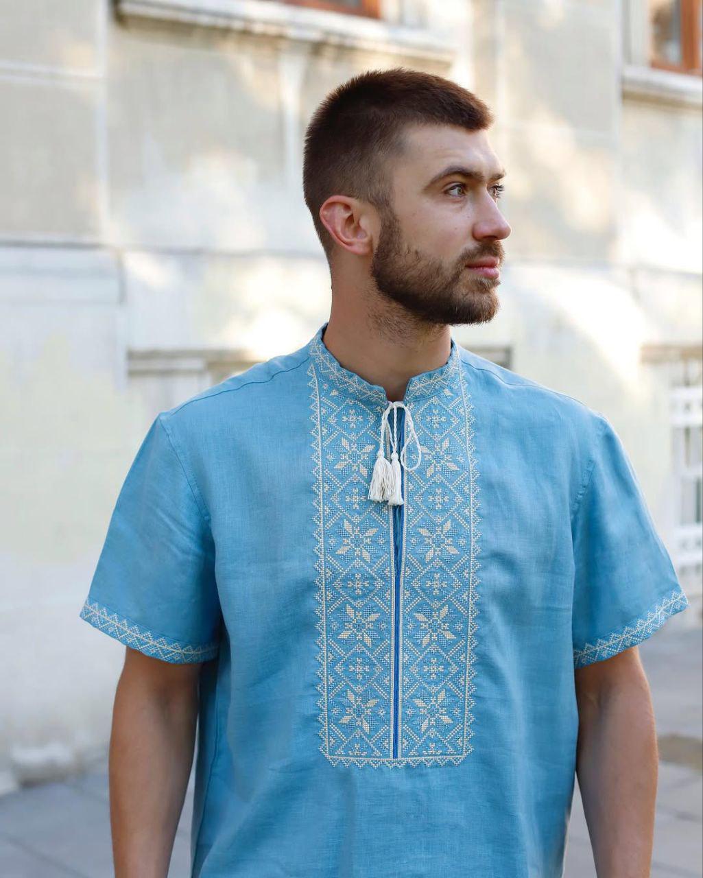 Вышиванка мужская р. 52 Голубой (285) - фото 4