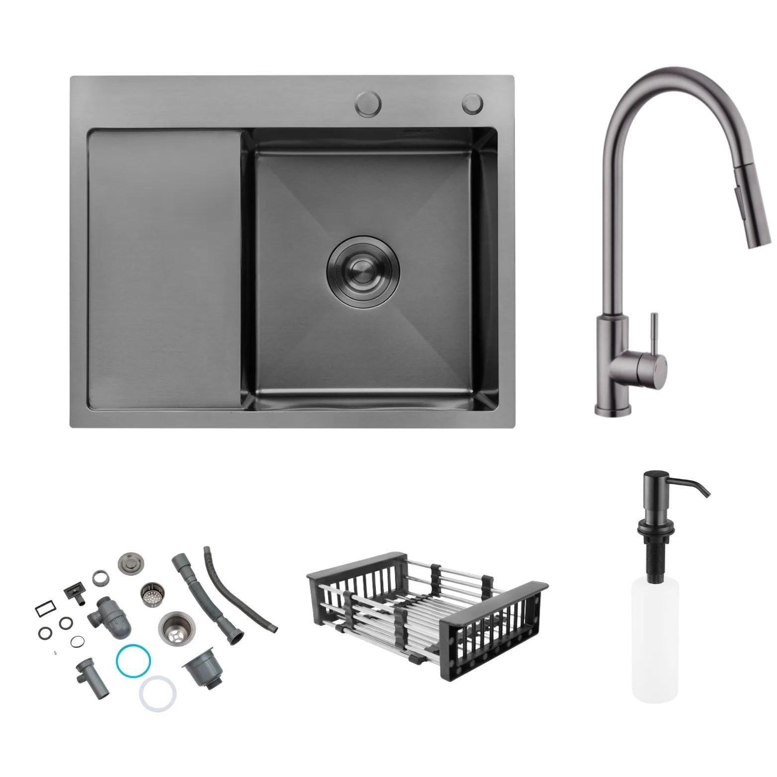 Мийка Kroner Schwarze 6350RHM PVD та змішувач з висувним виливом Kroner-PVD03916 сенсорний