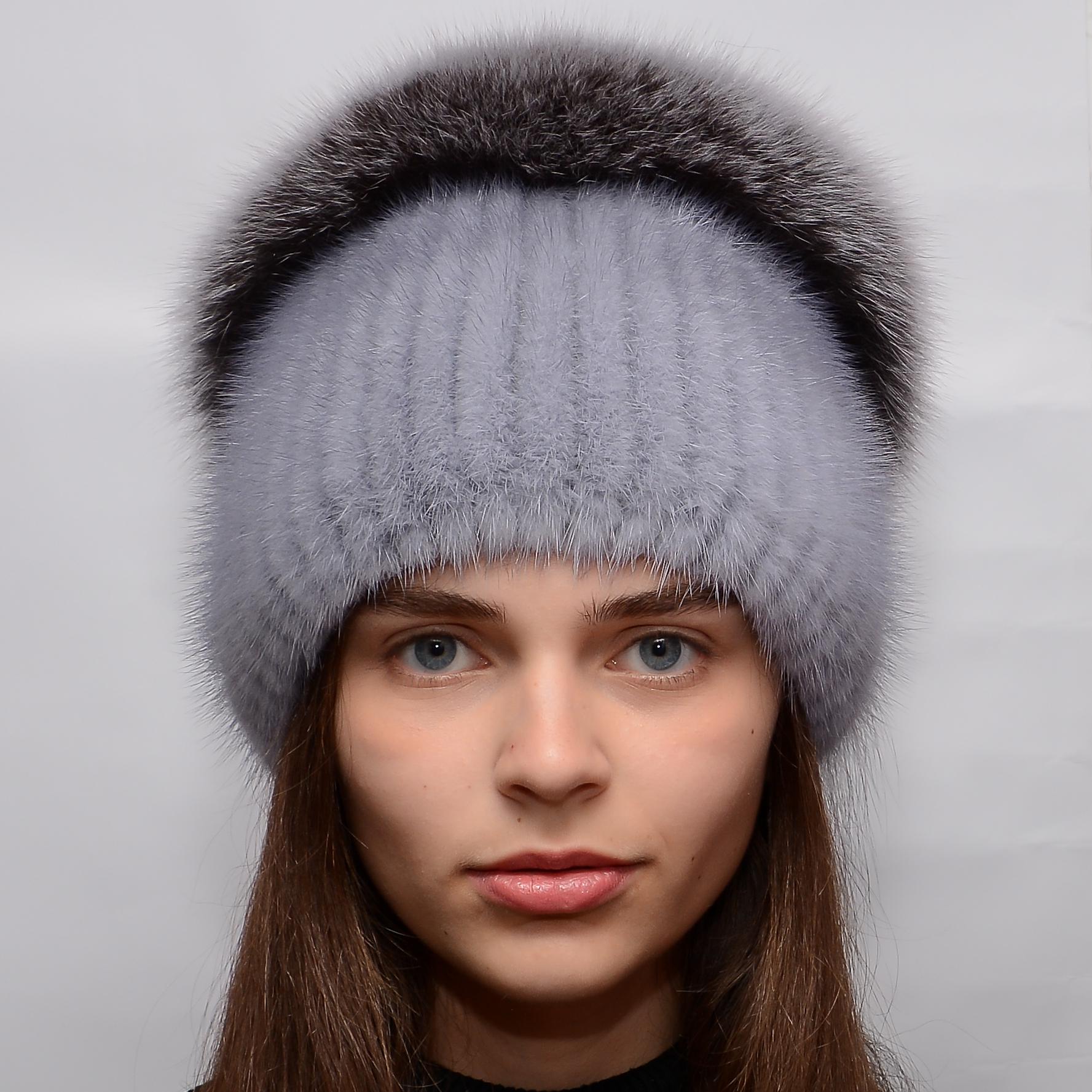 Жіноча в'язана норкова шапка Меховой стиль Колібрі з помпоном натуральне хутро XL-XXL Сапфір (120)