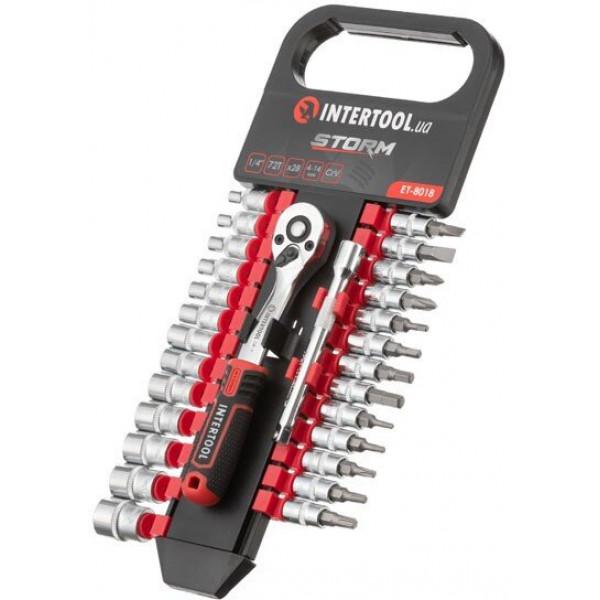 Набор головок Intertool 1/4" 4-14 мм., TORX, PH, HEX, FD, удлинитель, рукоятка с храповым механизмом 72 зуба, 28ед., Cr-V STORM ET-8018