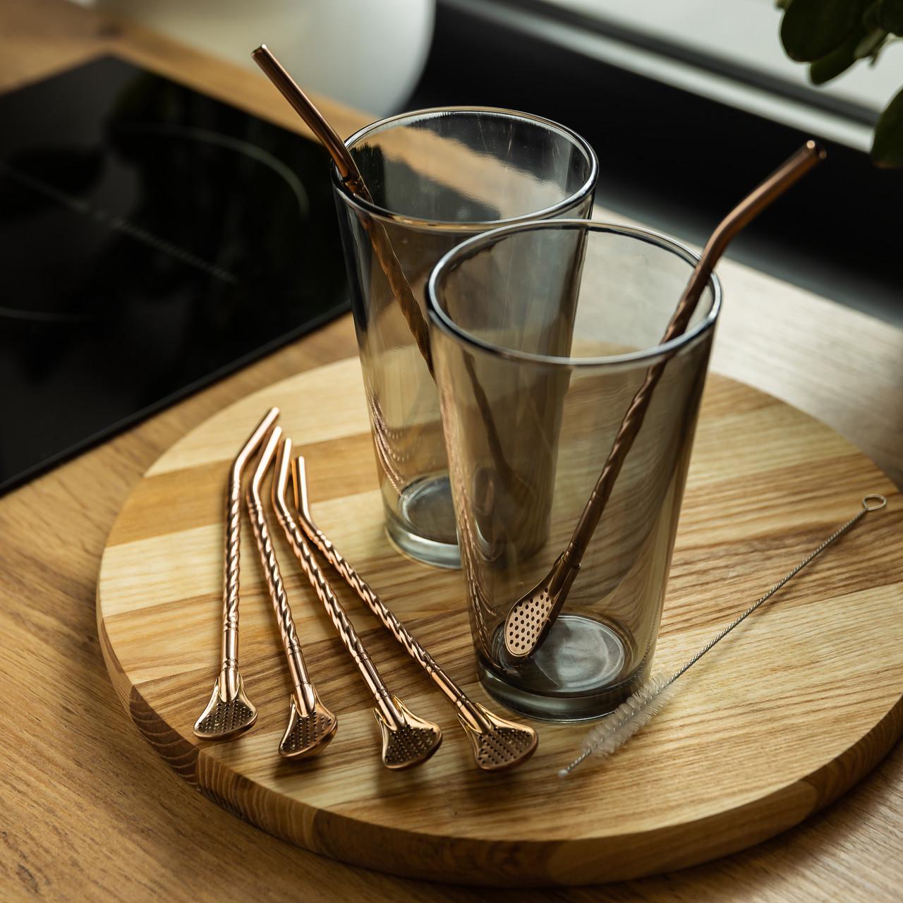 Набор многоразовых ложек-трубочек для напитков со щеткой для мытья из нержавеющей стали 6 шт. 19,5 см Бронзовый (HP-20-55) - фото 4 Набор многоразовых ложек-трубочек для напитков со щеткой для мытья из нержавеющей стали 6 шт. 19,5 см Бронзовый (HP-20-55) - фото 4