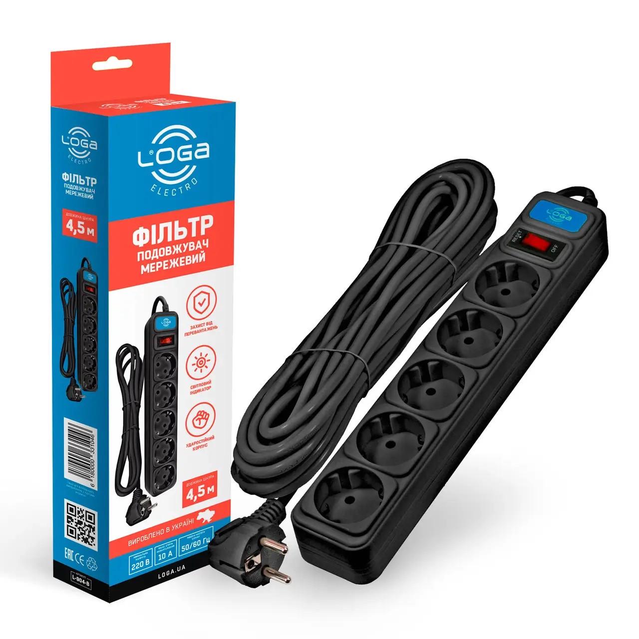 Мережевий фільтр подовжувач Loga L-904-B 5 розеток 4,5 м - фото 1 Мережевий фільтр подовжувач Loga L-904-B 5 розеток 4,5 м - фото 1