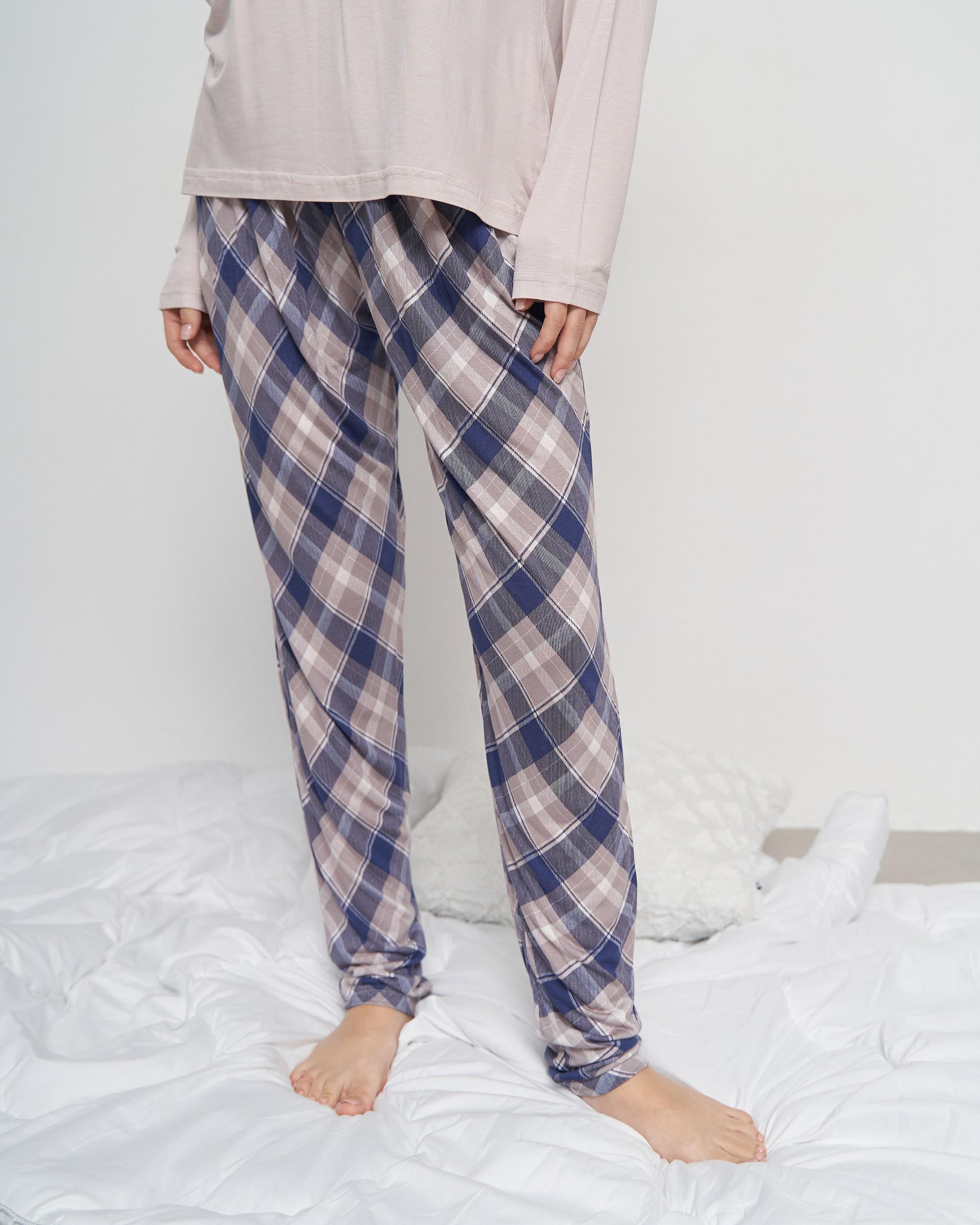 Пижама вискозная женская с брюками Клеточка L Пудровый (99069) - фото 4 Пижама вискозная женская с брюками Клеточка L Пудровый (99069) - фото 4