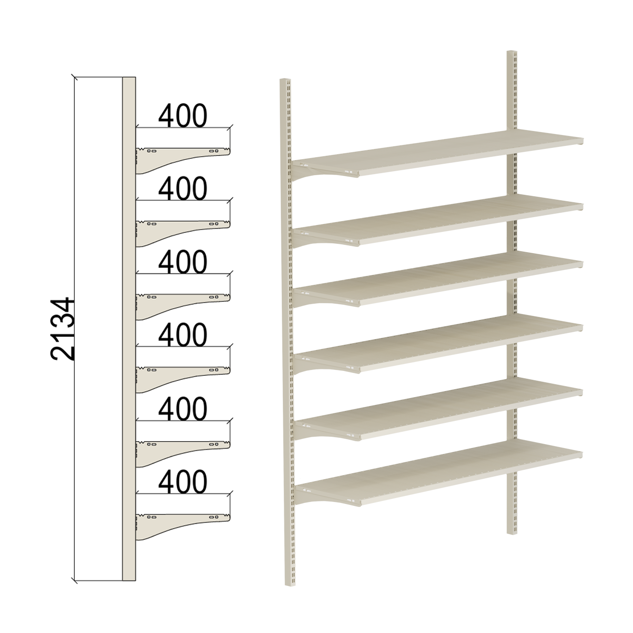 Стеллаж настенный металлический Modern Expo 6 полок нагрузка до 350 кг 2134х1330х400 мм Кремовый (RAL 9001)