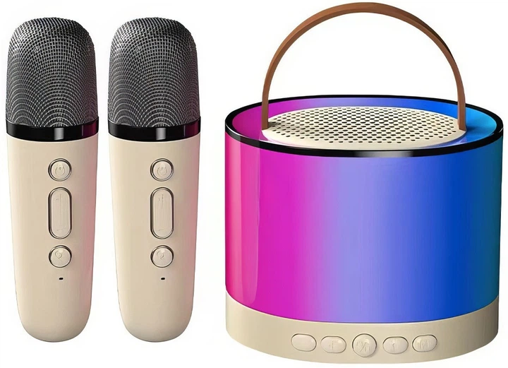 Колонка Smart portable speaker karaoke с 2 микрофонами с rgb-подсветкой 9,1x8,4x12 см Бежевая (150-98-K52BG)