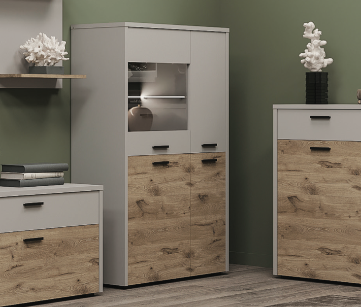 Пенал у вітальню SOKME Стоун 4Д 848х372х1335 мм Шиншила сіра/Дуб вікінг (28789736) - фото 1 Пенал у вітальню SOKME Стоун 4Д 848х372х1335 мм Шиншила сіра/Дуб вікінг (28789736) - фото 1