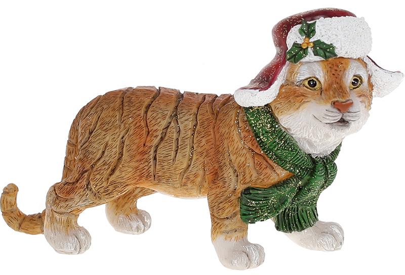 Декоративная статуэтка Тигрёнок в новогодней шапке 14,5 см полистоун Светло-коричневый (BD-K07-200)