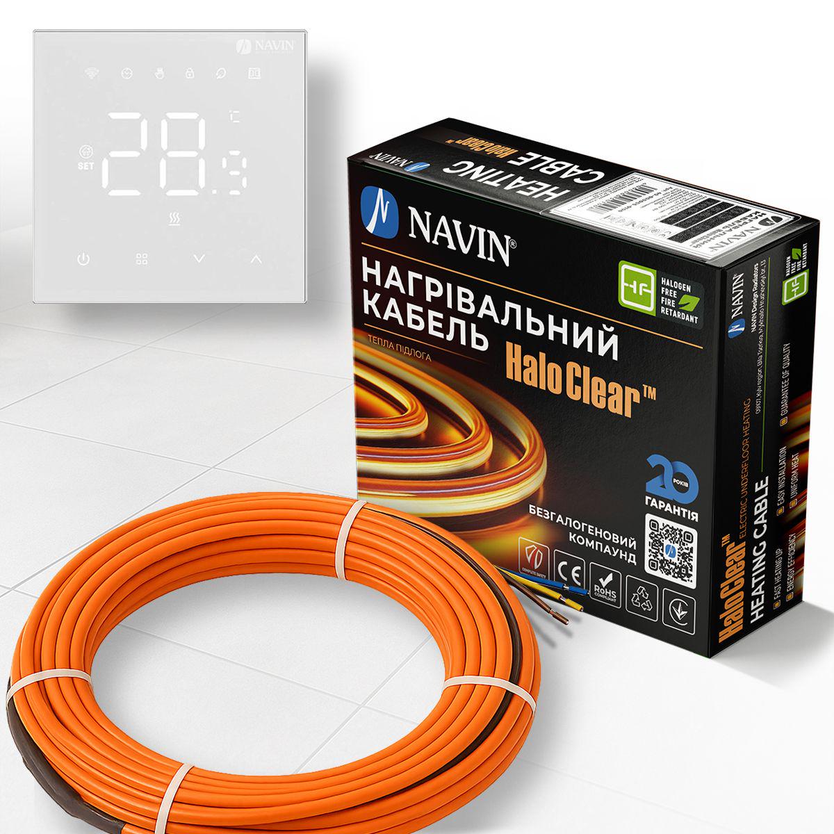 Комплект теплої підлоги NAVIN HaloClear Comfort 260 Вт/1,4-1,7м2 14,5 м нагрівальний кабель та терморегулятор WT410 W-16A з Wi-Fi Білий матовий