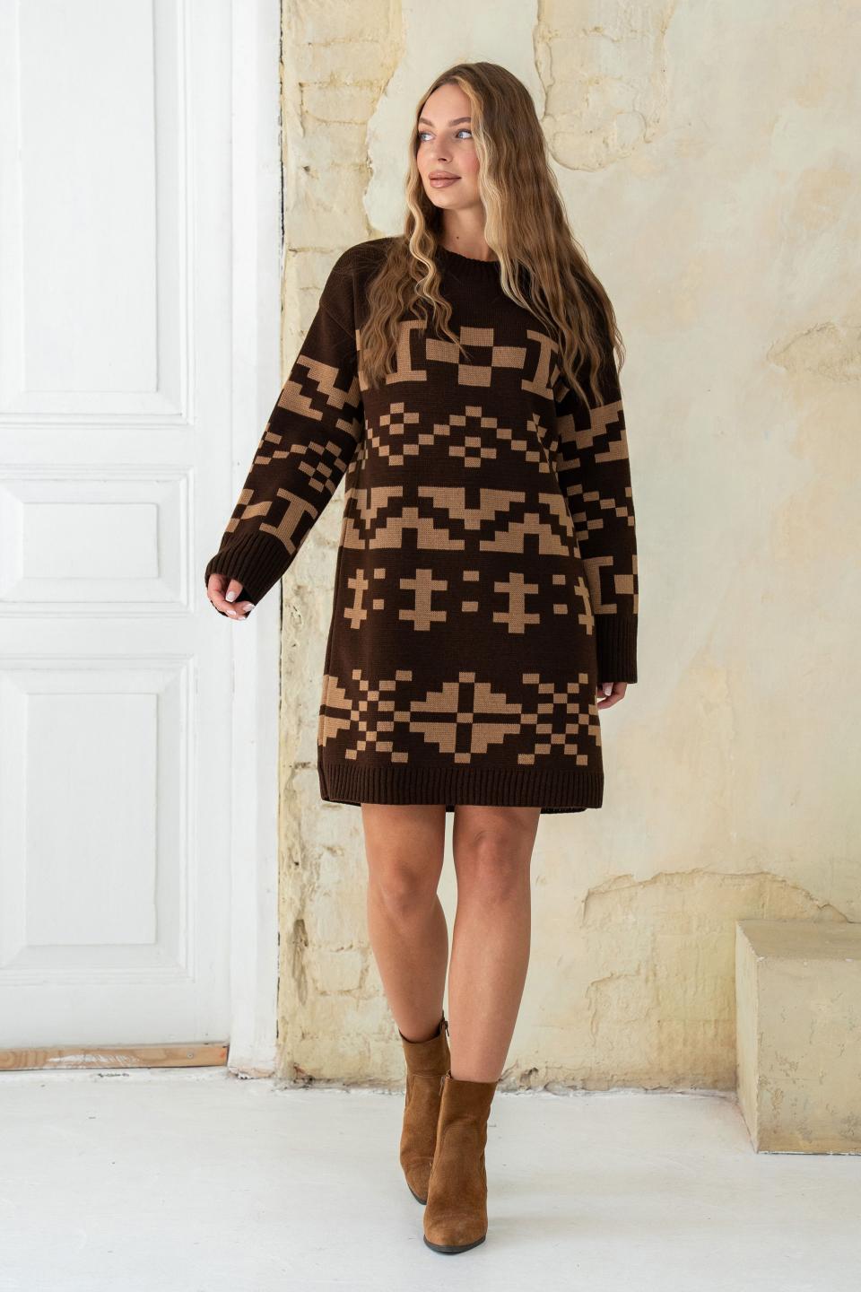 Платье вязаное с орнаментом р. 48-54 Шоколадно-карамельный (ОЛ02)
