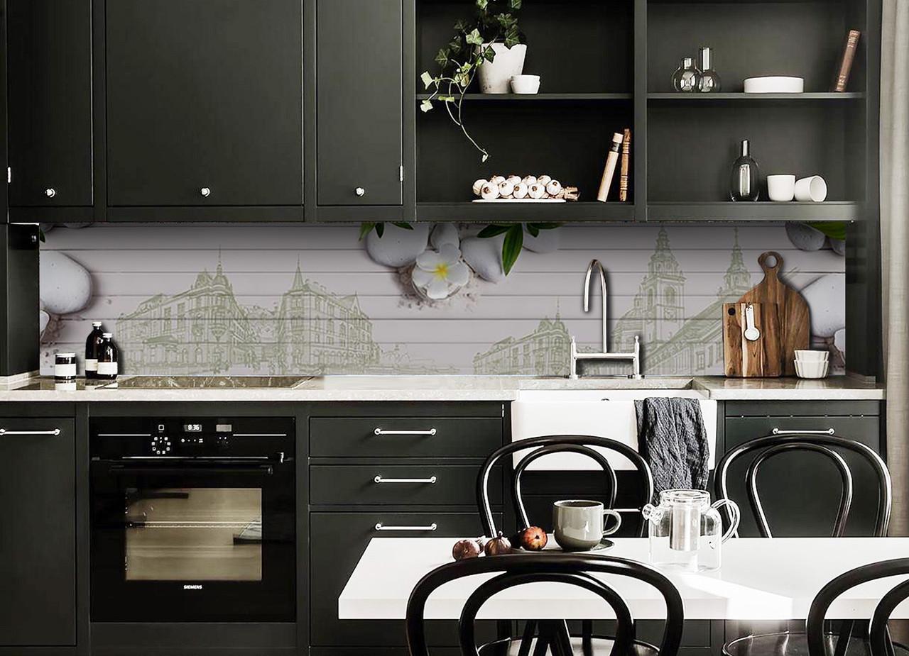 Кухонный фартук Камни на досках город из самоклеющейся виниловой пленки 65х250 см Бежевый