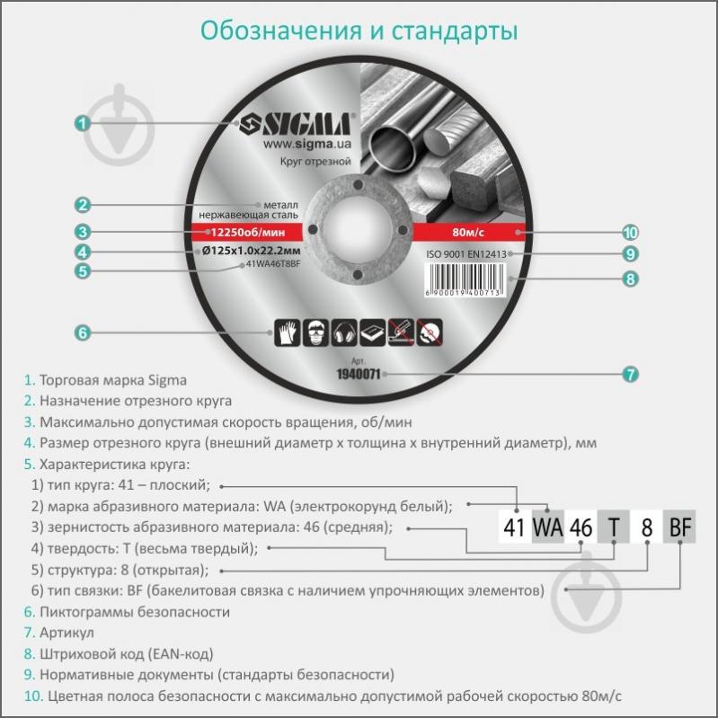 Круг отрезной по металлу и нержавеющей стали Ø150×1.6×22.2мм, 10200об/мин SIGMA (1940161) - фото 3