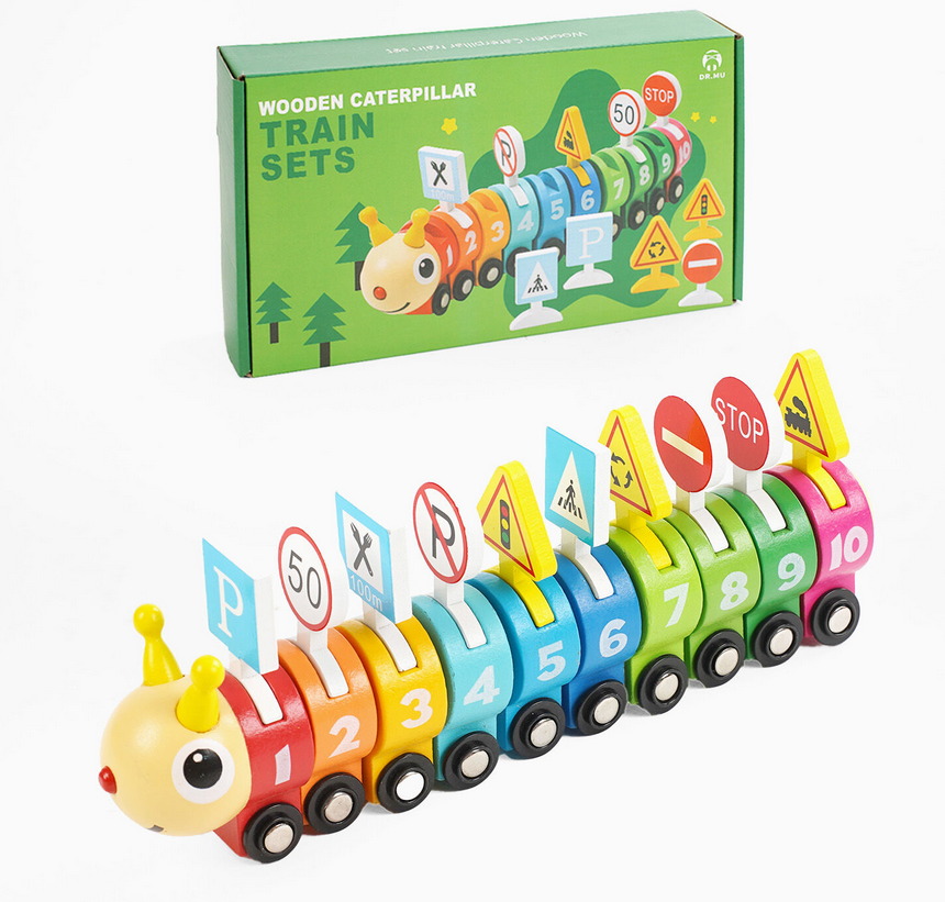 Поезд логичный C 65632 деревянный Гусеница ездит/элементы на липучках/цифры/дорожные знаки/цвета