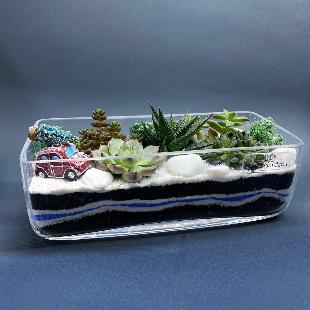Флорариум новогодний со снегом и машинкой 26х9 см
