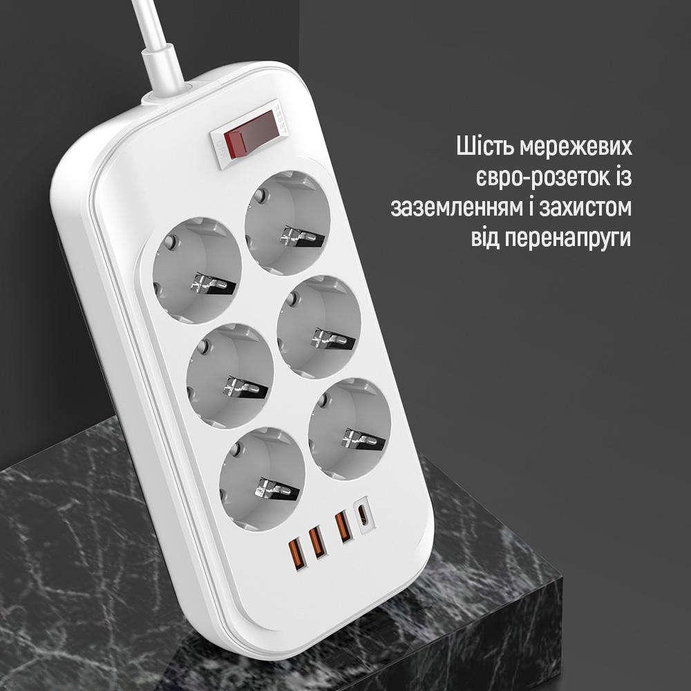 Удлинитель-фильтр сетевой СolorWay 6 розеток/Type-C PD20W/3USB QC3.0 38W 2 м White (57444) - фото 6