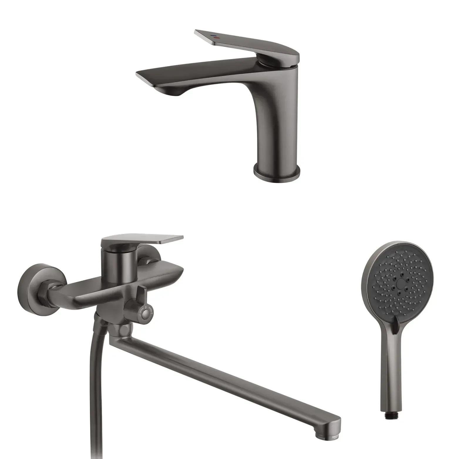Набір змішувачів для ванни з довгим виливом Kroner KRP Graz Графітовий (GRP070/GRP010)