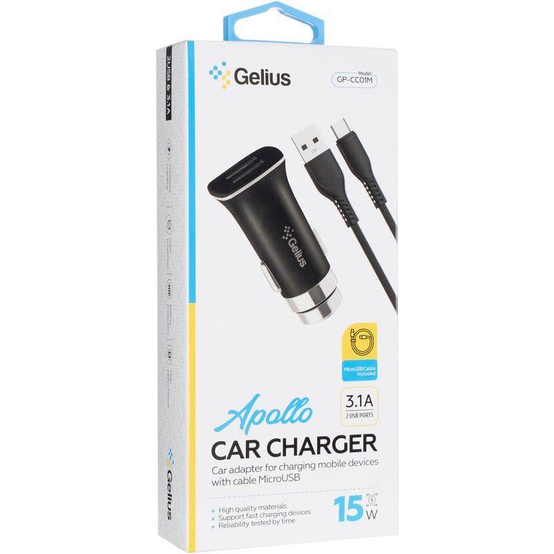 Зарядний пристрій автомобільний Gelius Apollo GP-CC01 2USB 3,1A 15W MicroUSB Black (92663) - фото 2 Зарядний пристрій автомобільний Gelius Apollo GP-CC01 2USB 3,1A 15W MicroUSB Black (92663) - фото 2