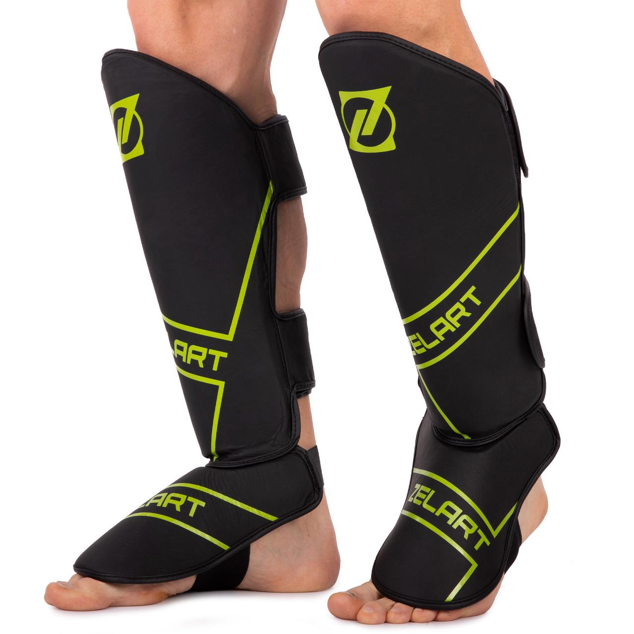 Защита голени и стопы Zelart кожа S Черно-салатовый (VL-3152)
