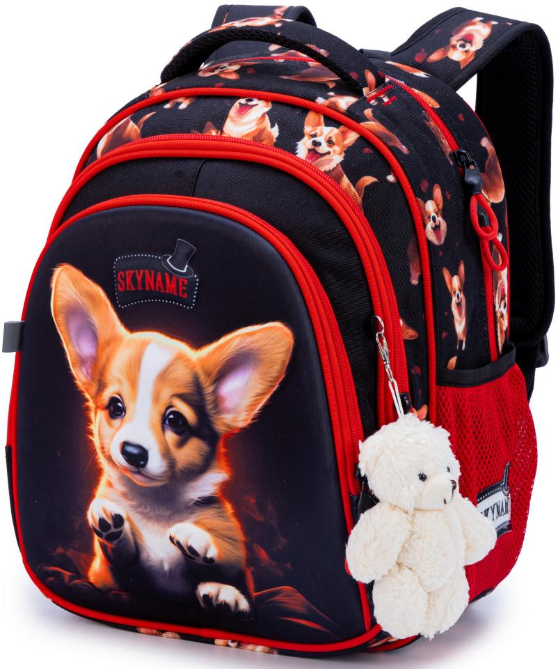 Школьный рюкзак для девочки SkyName Собачка 6-10 лет Черный с красным (R2-213)